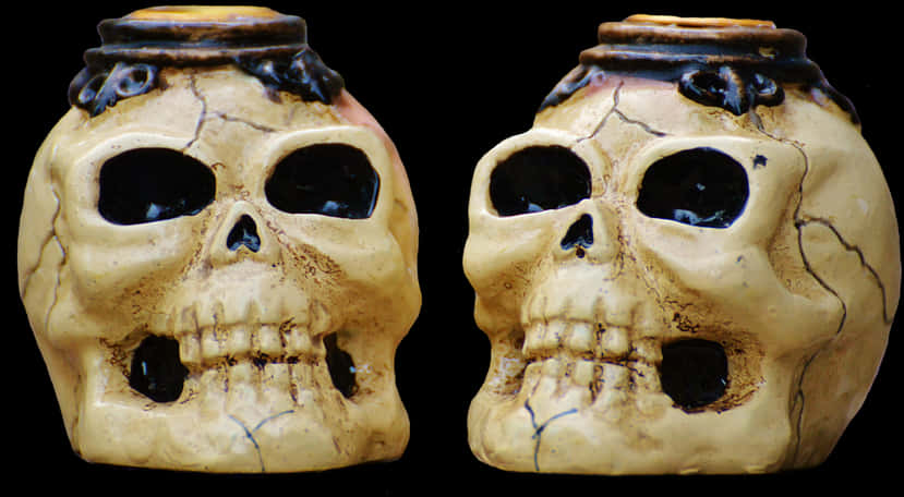 Ceramic Skull Jars Twin Display PNG Image