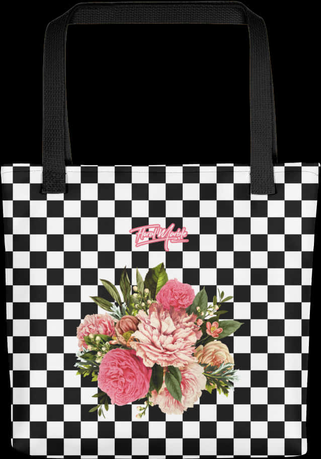 Checkered Floral Tote Bag PNG Image