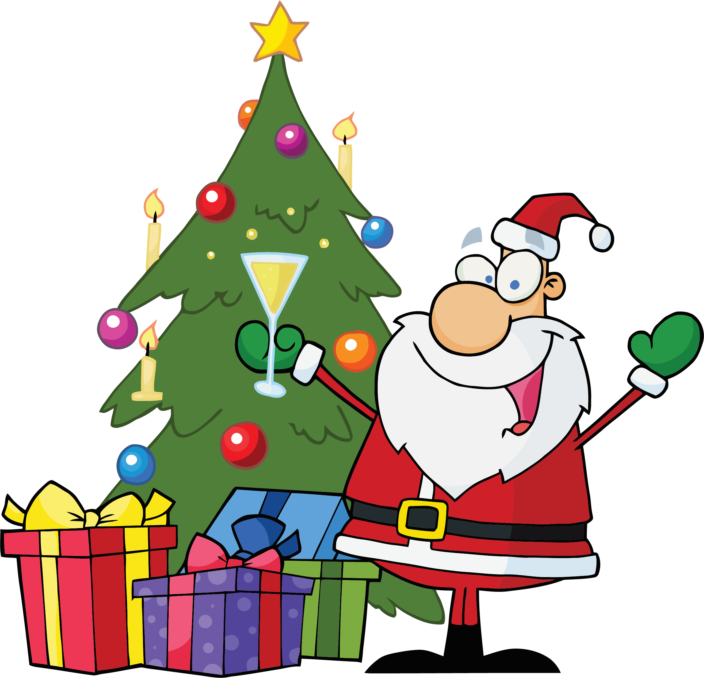 Cheerful Santa Claus Christmas Tree Presents PNG Image