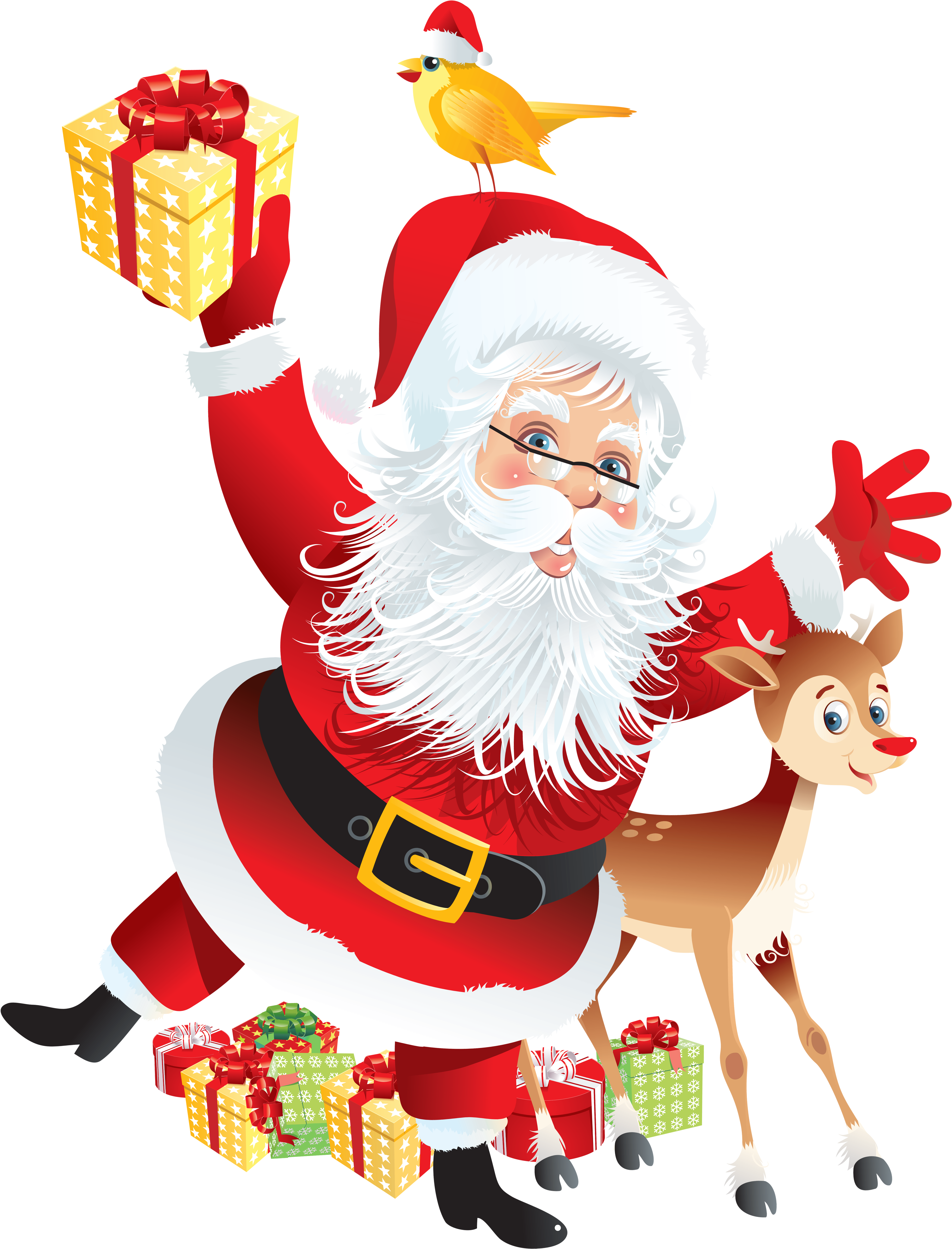 Cheerful Santa Clauswith Giftsand Reindeer PNG Image