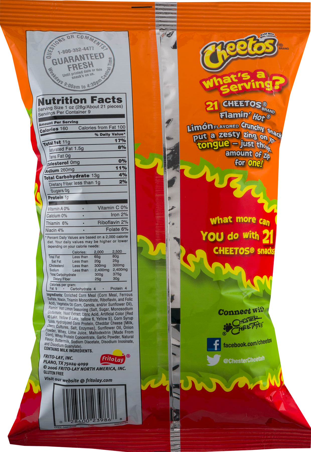 Cheetos Flamin Hot Limon Nutrition Label PNG Image