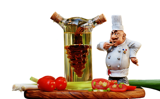 Chef Figurine With Olive Oiland Vegetables PNG Image