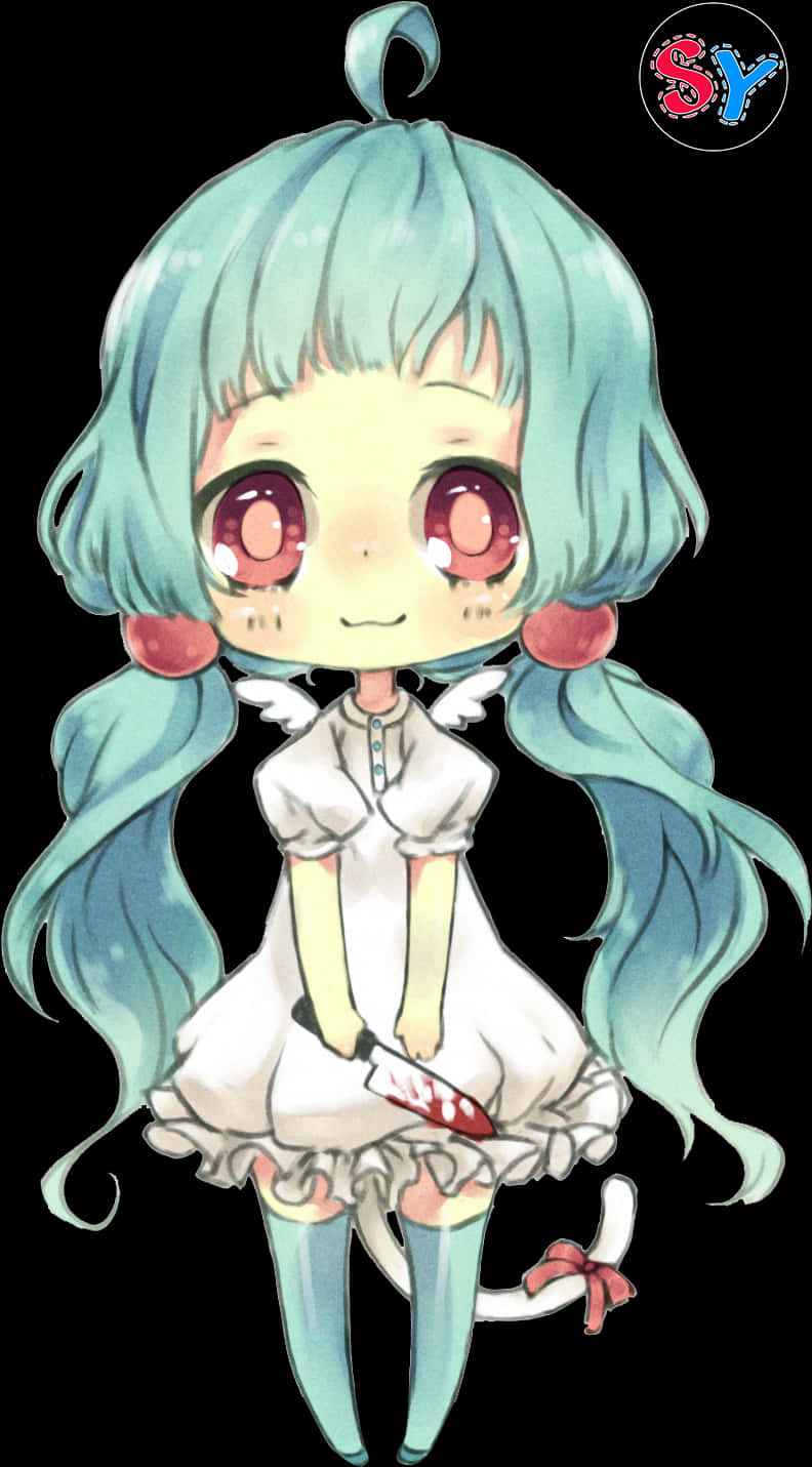 Chibi Girlwith Aqua Hairand White Dress PNG Image