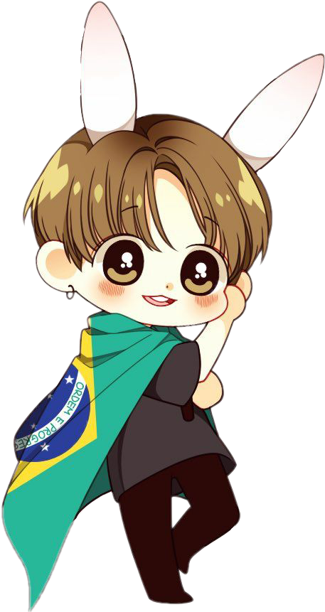 Chibi_ Jungkook_with_ Bunny_ Ears_and_ Brazil_ Flag PNG Image