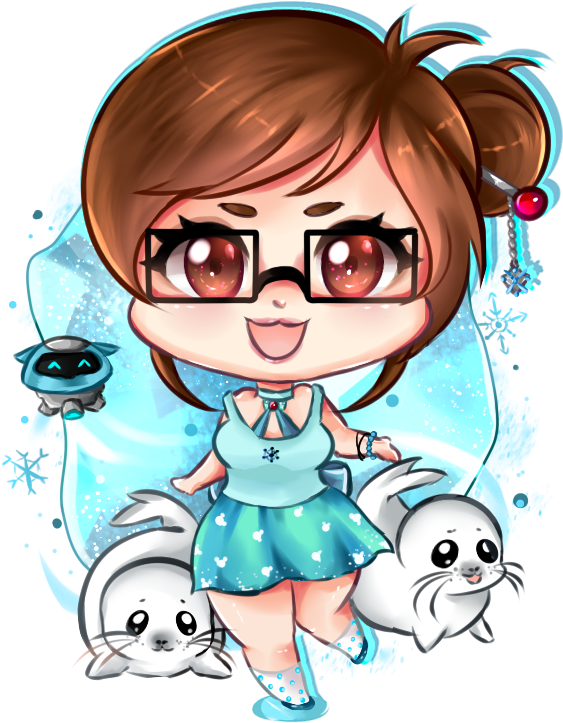 Chibi_ Mei_ Overwatch_with_ Robotic_ Companion_and_ Seals PNG Image