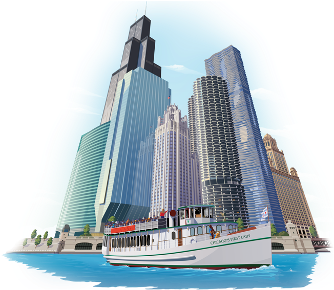 Chicago Skyscrapersand Tour Boat Illustration PNG Image