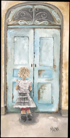 Child Before Old Blue Door Painting PNG Image