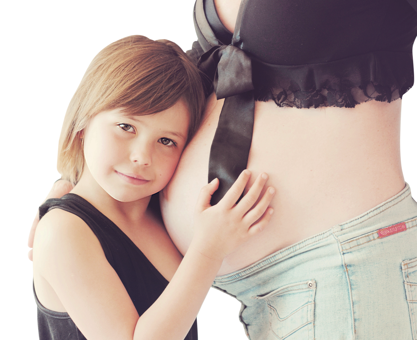 Child Embracing Pregnant Mother Belly PNG Image