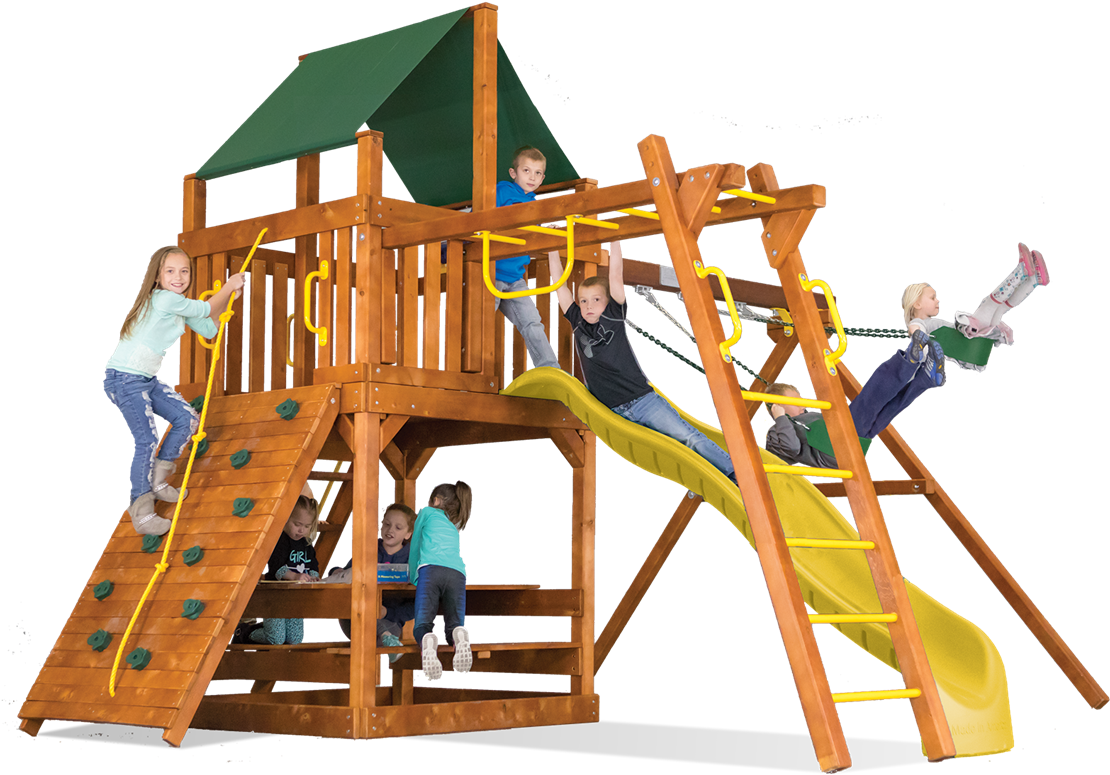 Children Playingon Wooden Playset PNG Image