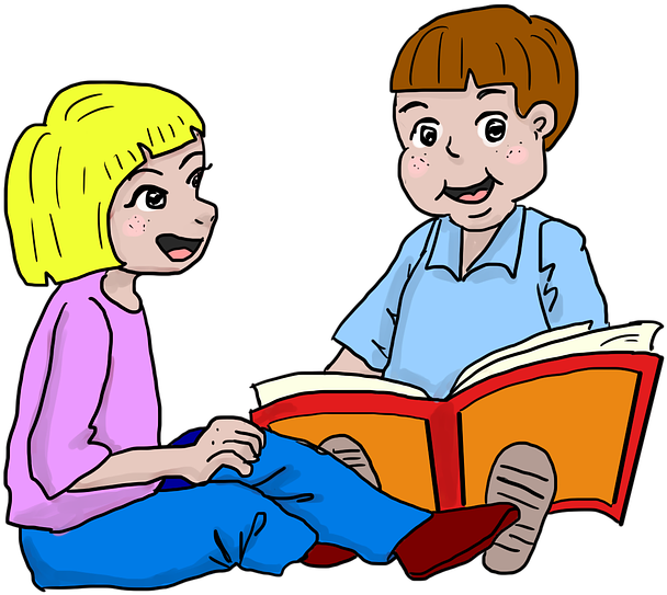 Children Reading Together Cartoon PNG Image