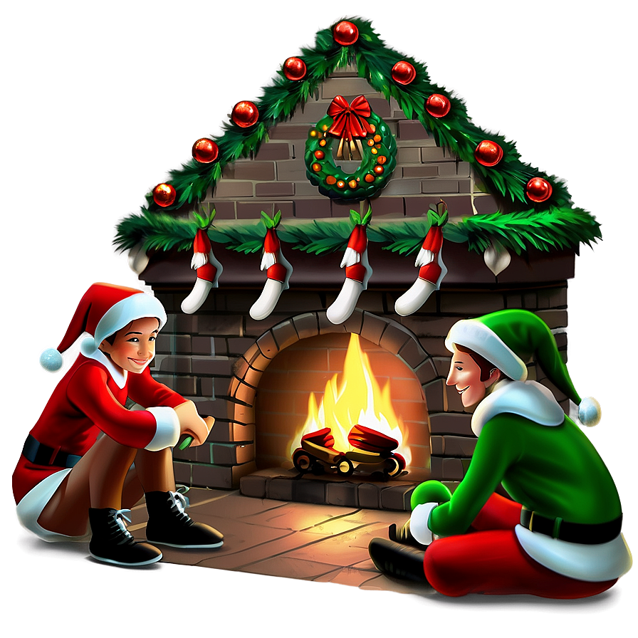 Christmas Fireplace With Elves Png 06262024 PNG Image