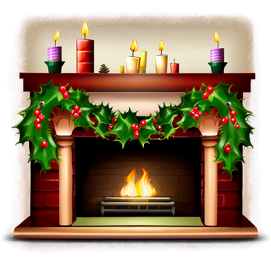 Christmas Fireplace With Holly Decoration Png 06262024 PNG Image