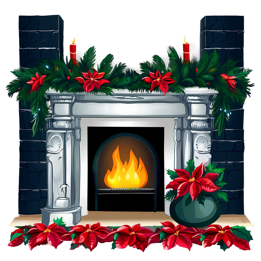 Christmas Fireplace With Poinsettias Png 27 PNG Image