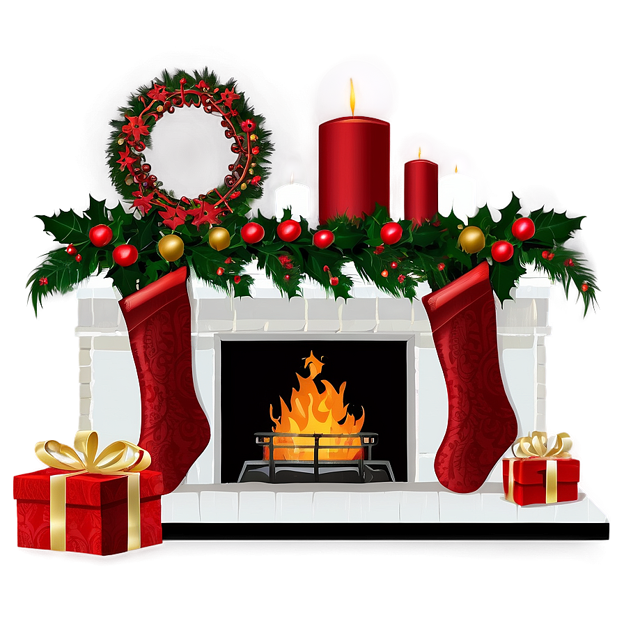 Christmas Fireplace With Poinsettias Png Iww91 PNG Image