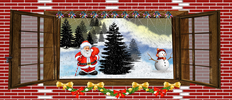 Christmas Santa Snowman Window Scene PNG Image