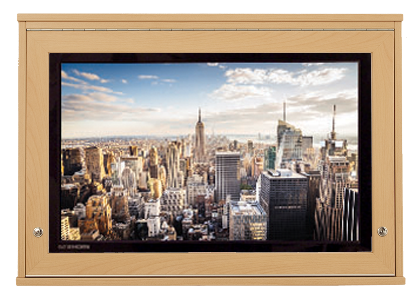 Cityscape Through Window Frame PNG Image