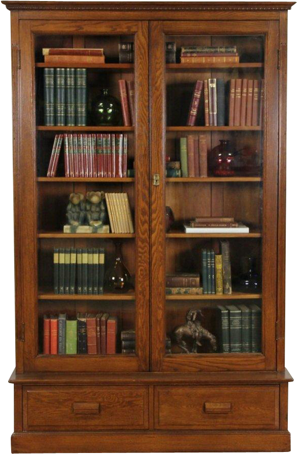 Classic Wooden Bookcasewith Glass Doors PNG Image