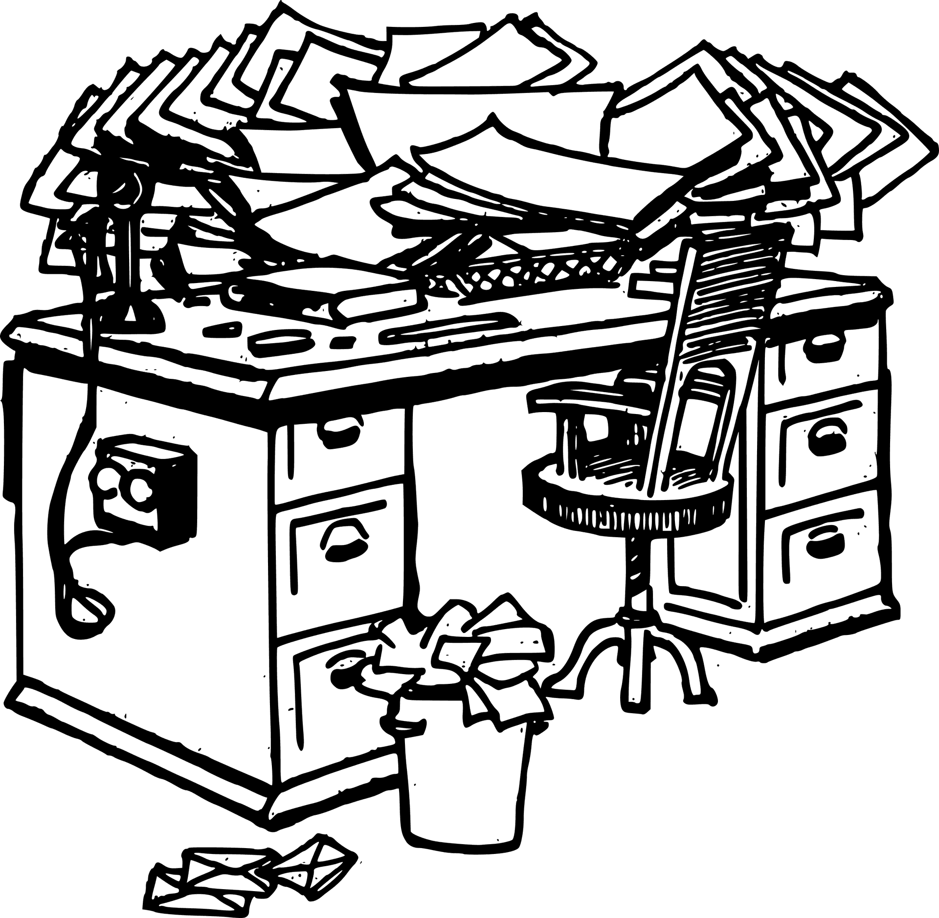 Cluttered Office Desk Sketch.png PNG Image