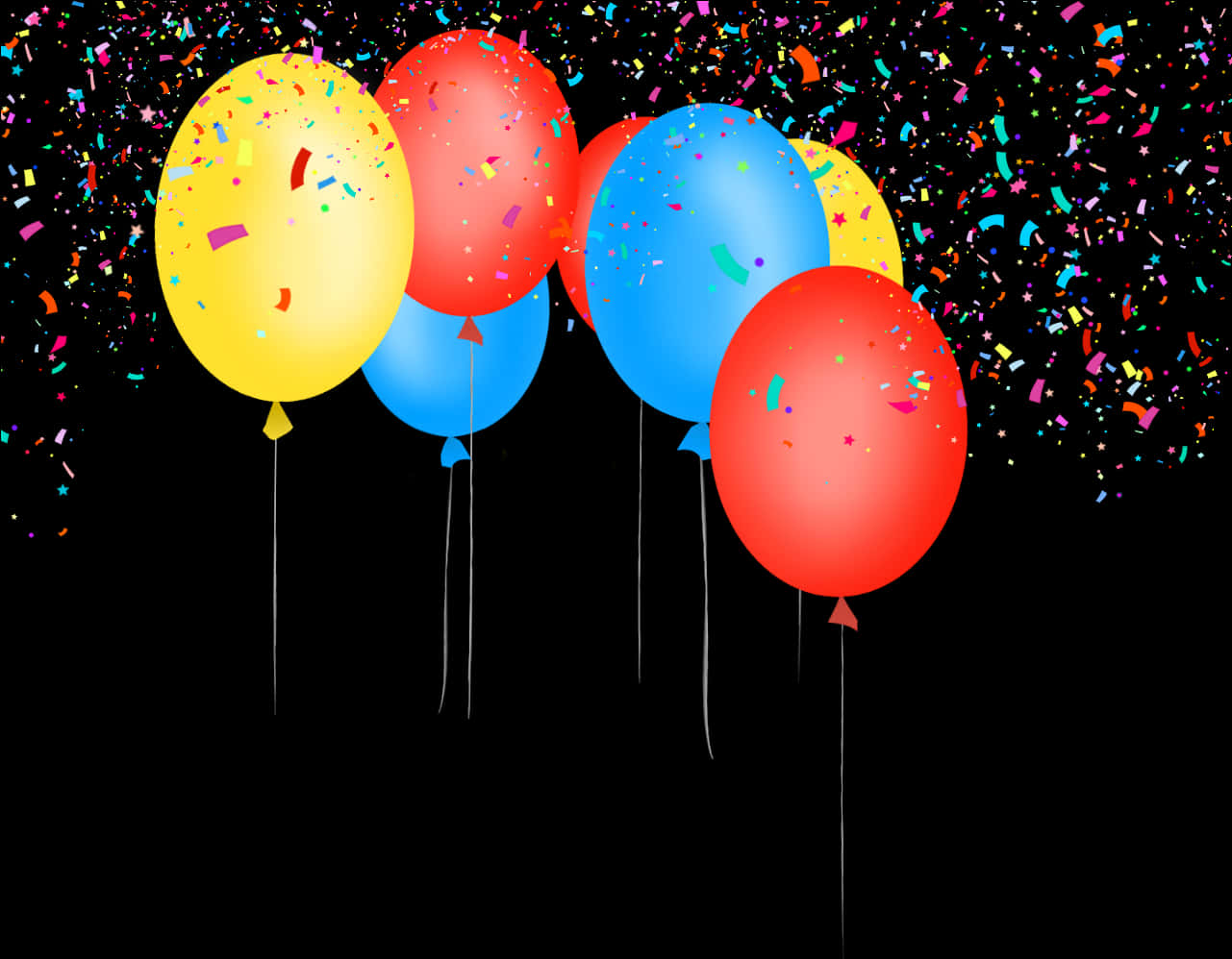 Colorful Balloonsand Confettion Black Background PNG Image