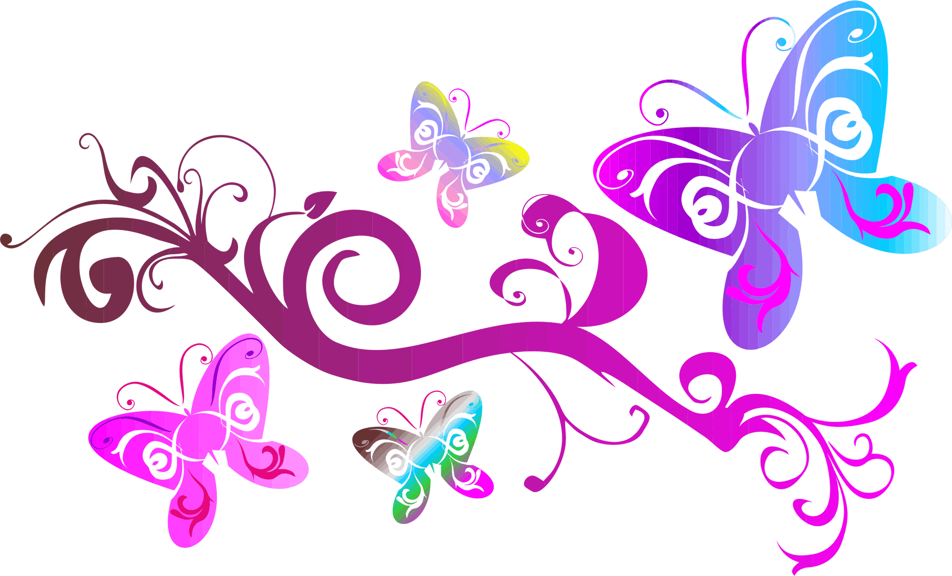 Colorful Butterfliesand Flourishes PNG Image