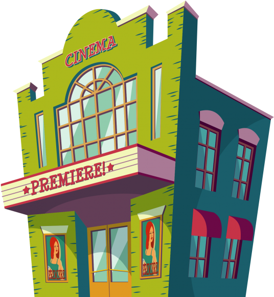 Colorful Cartoon Cinema Facade PNG Image