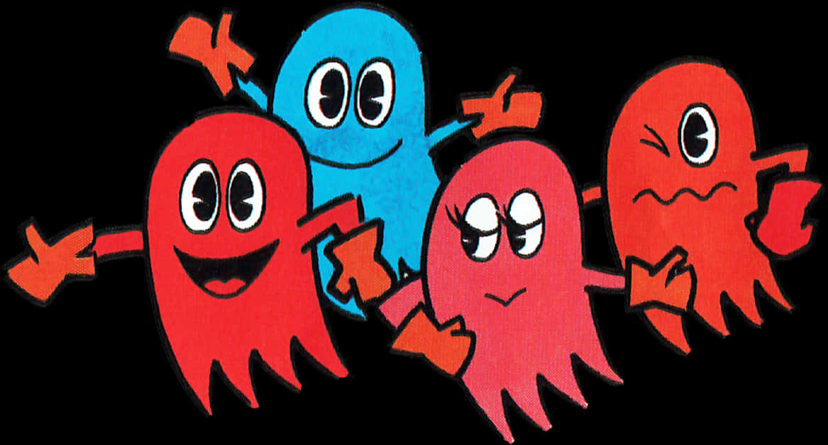 Colorful Cartoon Ghosts Black Background PNG Image