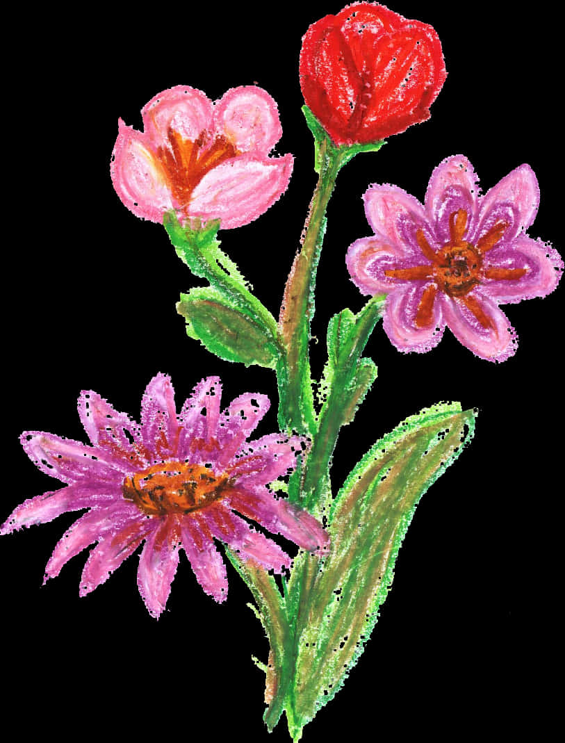 Colorful Crayon Flowers Artwork PNG Image