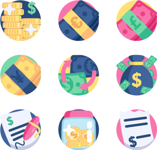 Colorful Currency Icons Set PNG Image