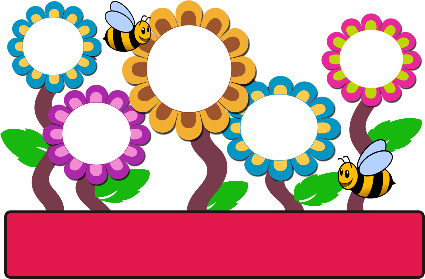 Colorful Flowersand Bees Graphic PNG Image