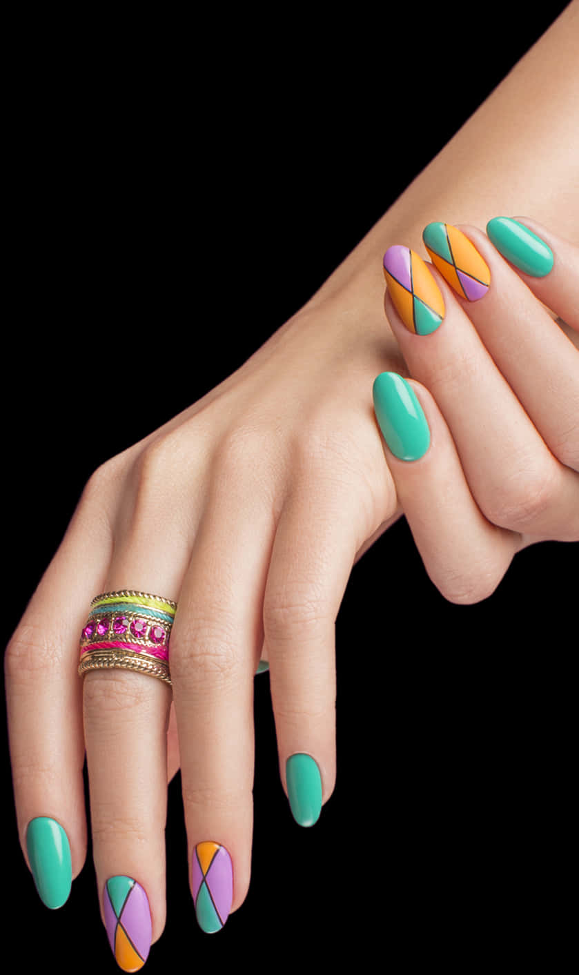 Colorful Geometric Nail Art PNG Image