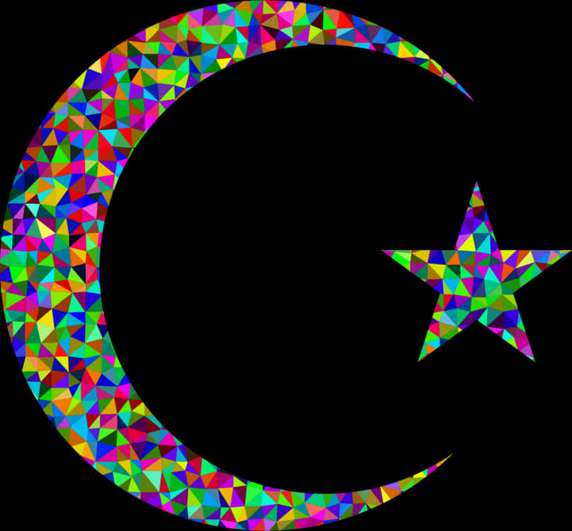 Colorful Mosaic Crescent Moonand Star PNG Image