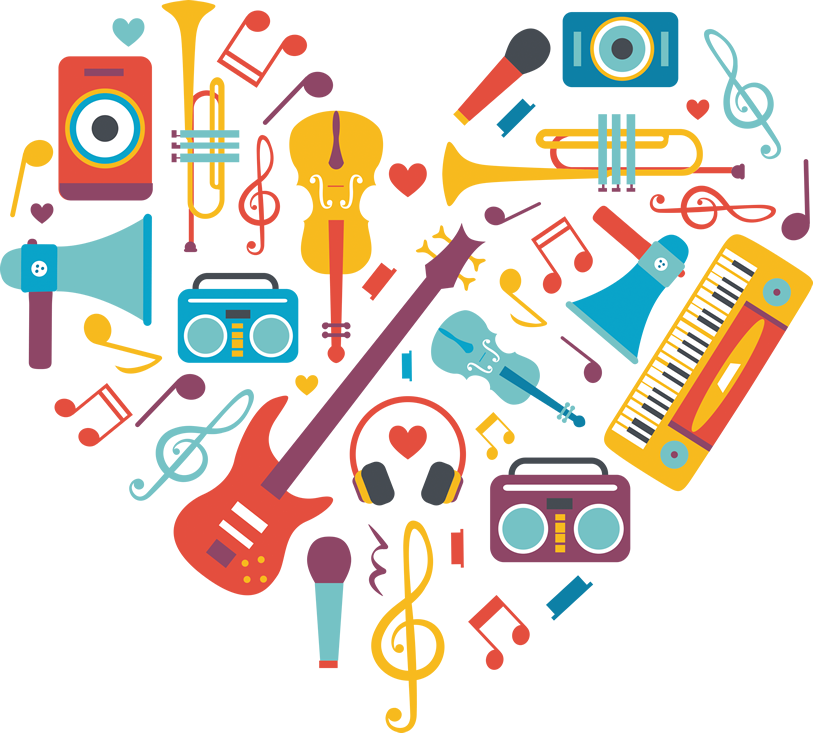 Colorful Music Instruments Collage PNG Image