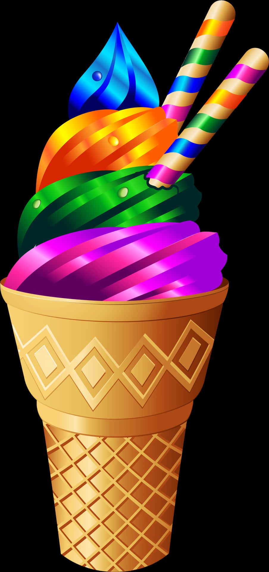 Colorful Rainbow Ice Cream Cone PNG Image