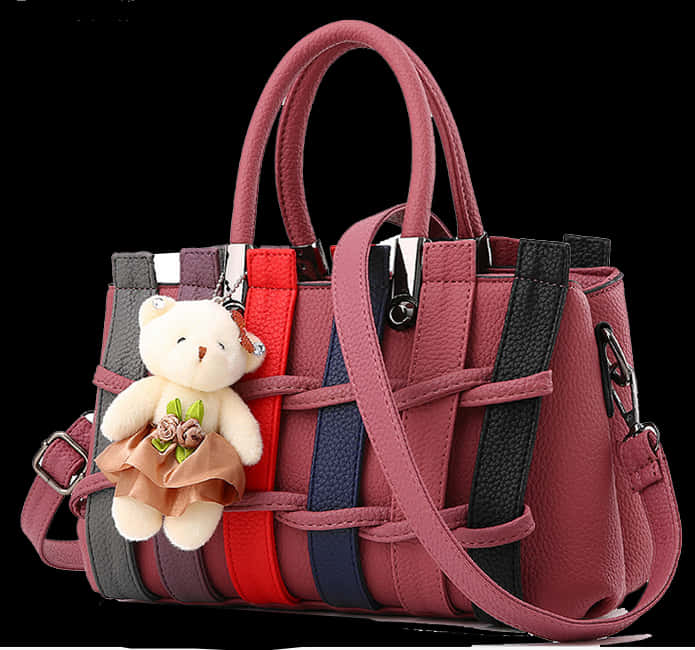 Colorful Striped Handbagwith Teddy Bear Charm PNG Image