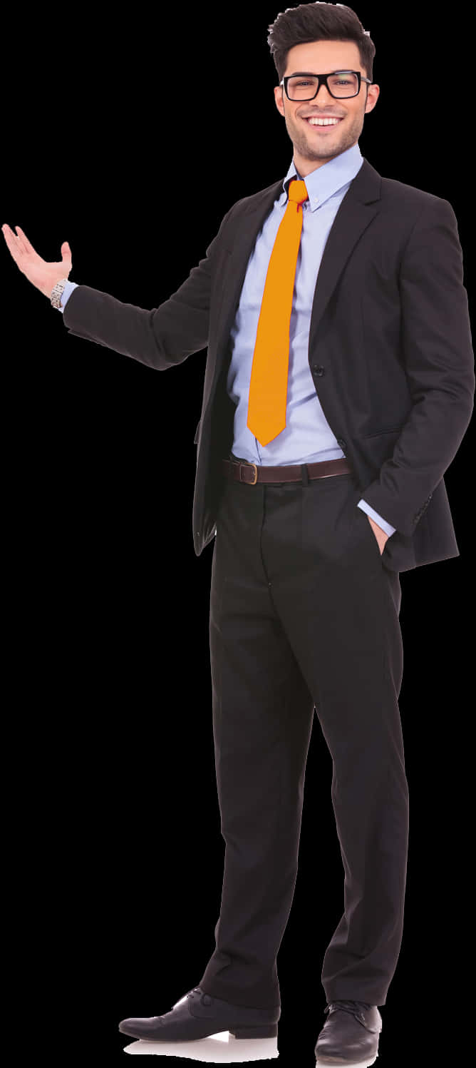 Confident Businessman Gesturing Welcome PNG Image