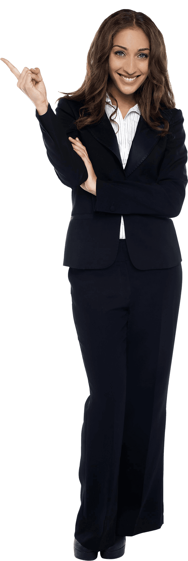 Confident Businesswoman Pointing Upward PNG Image