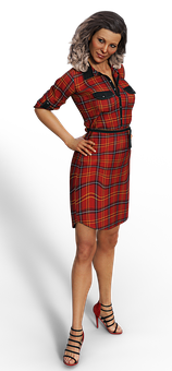 Confident Womanin Plaid Dress PNG Image