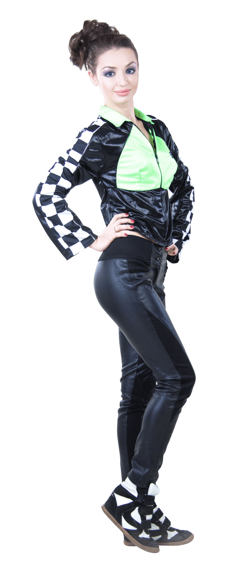 Confident Young Womanin Fashionable Outfit PNG Image