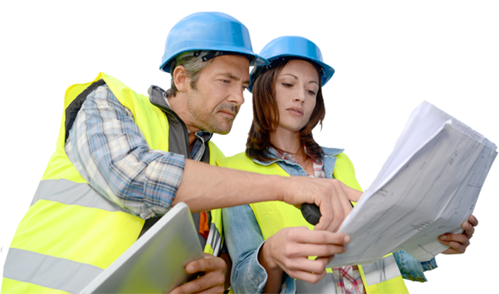 Construction Professionals Reviewing Blueprints PNG Image