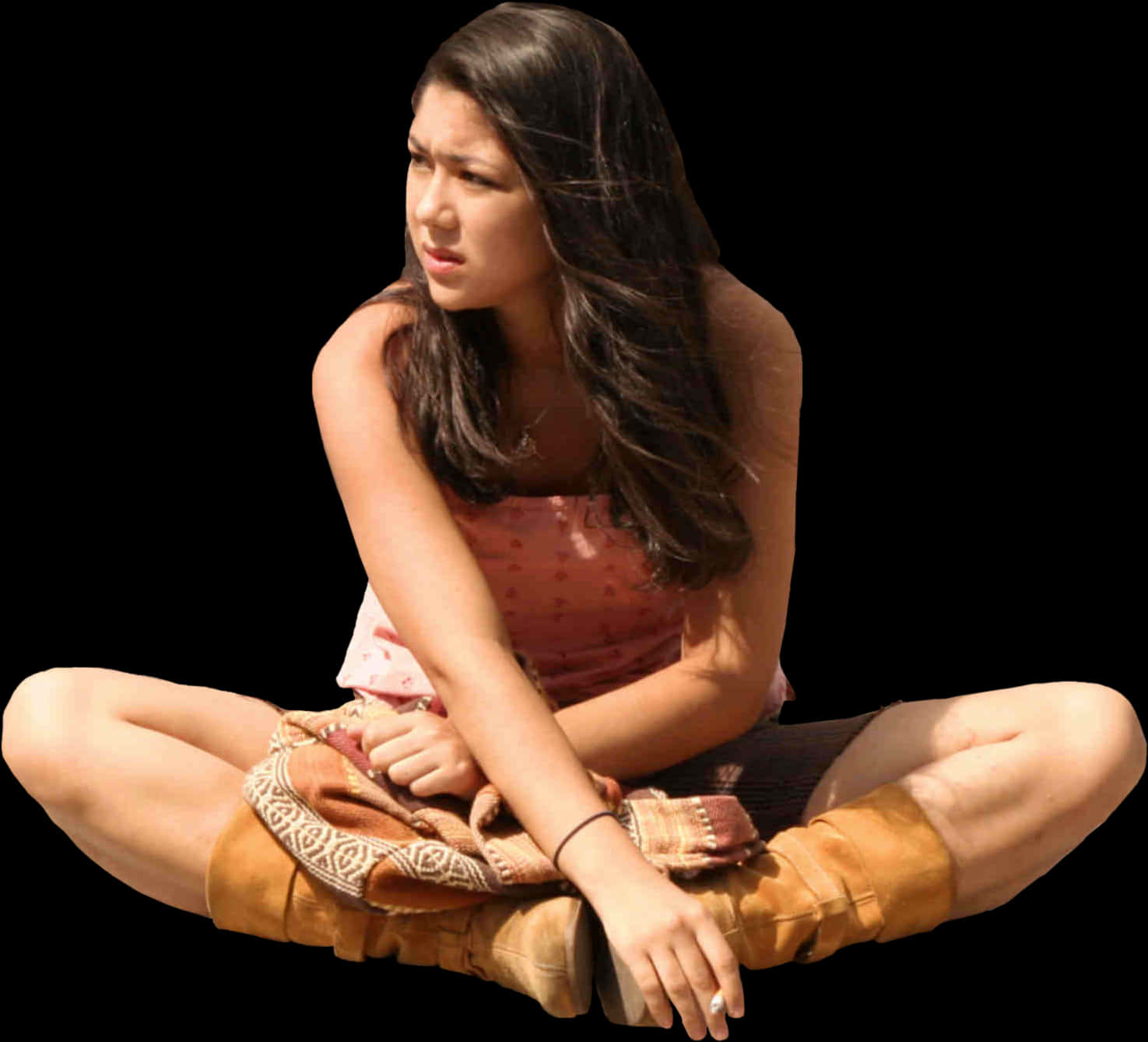 Contemplative Young Woman Sitting Cross Legged PNG Image