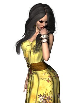 Contemplative3 D Womanin Yellow Dress PNG Image