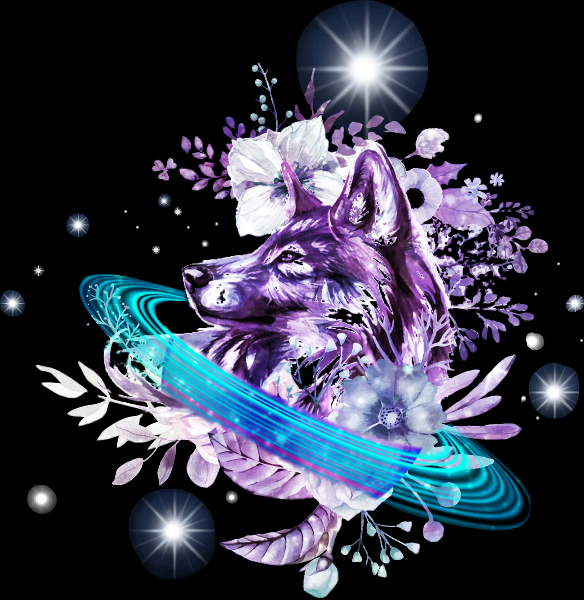 Cosmic Wolf Floral Fantasy PNG Image