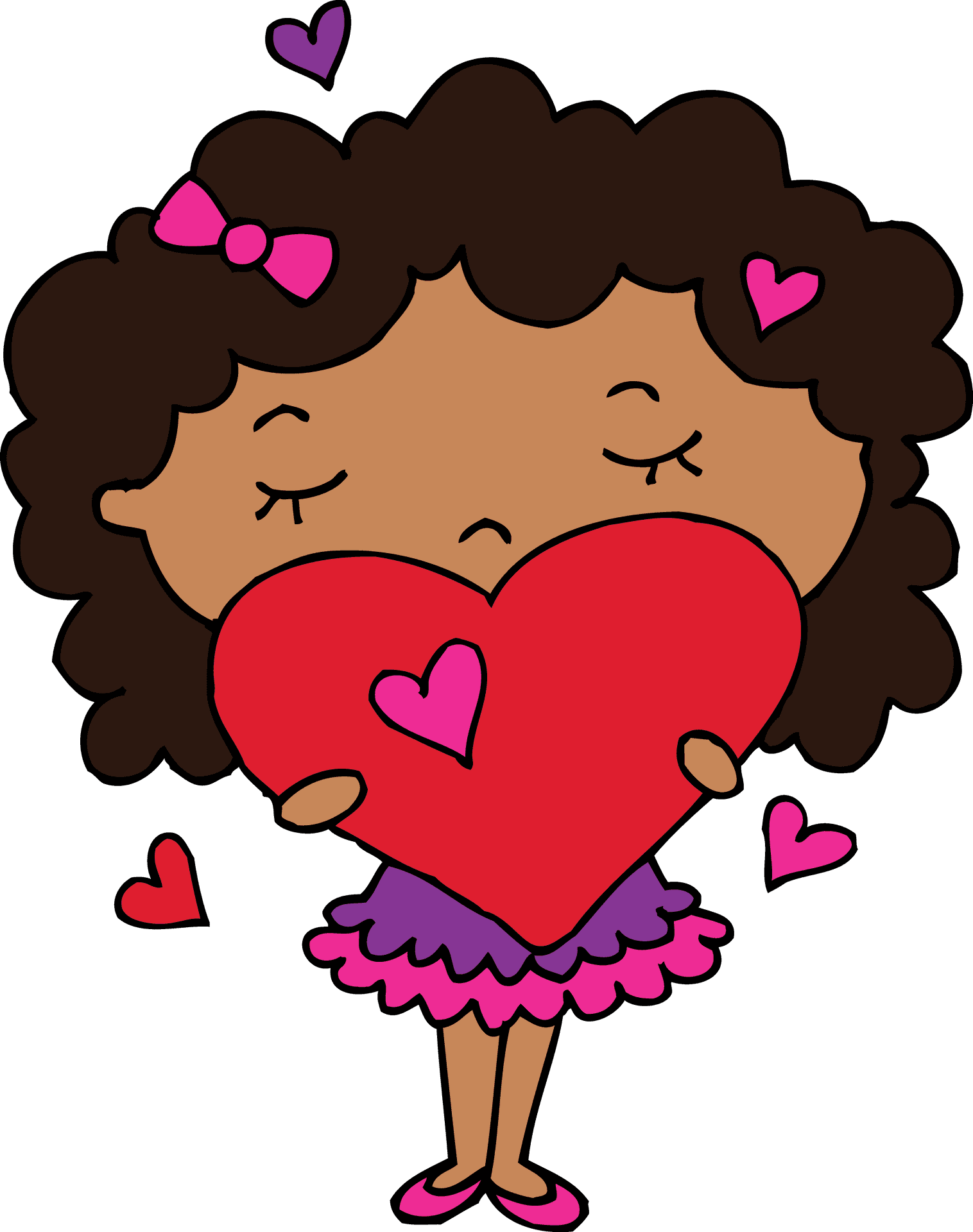 Curly Haired Cartoon Girl Holding Heart PNG Image