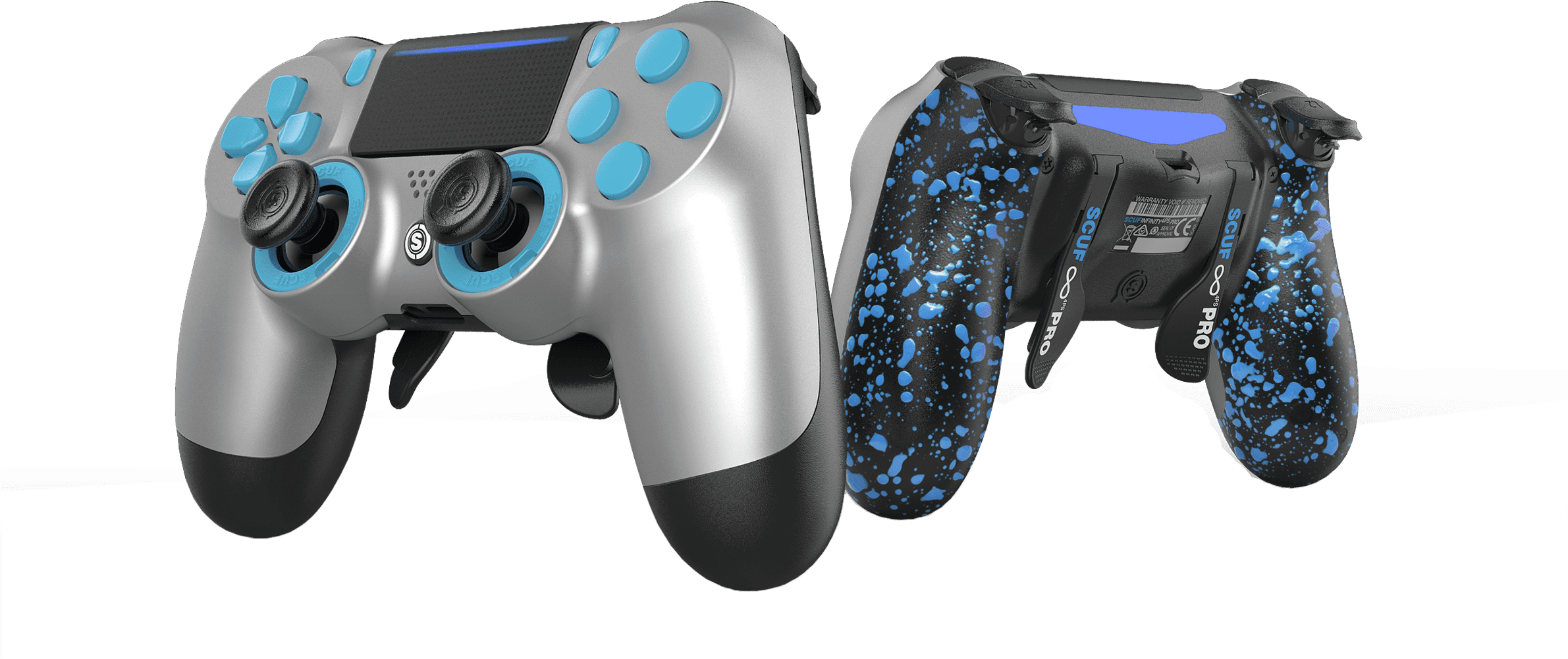 Custom Dual Shock4 Controllers Silver Blue Splatter PNG Image