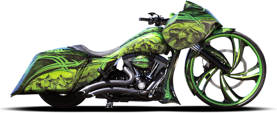 Custom Green Skull Themed Motorcycle PNG Image