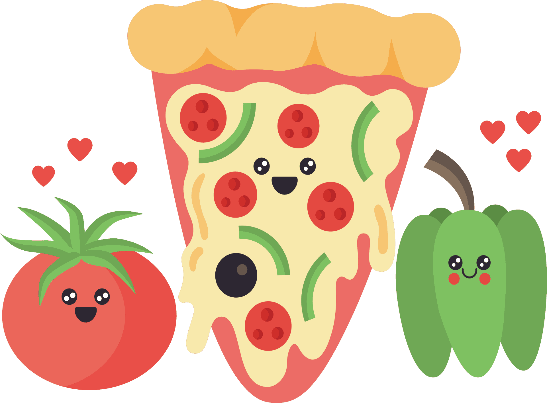 Cute_ Animated_ Pizza_and_ Vegetables_ Clipart PNG Image