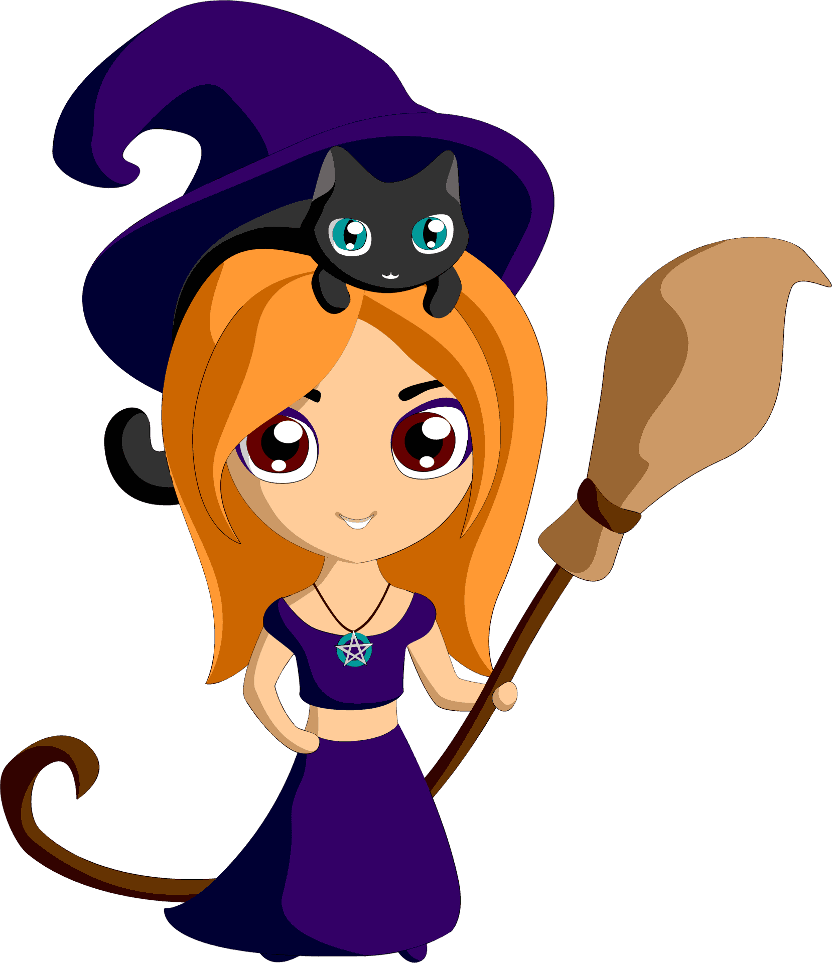 Cute Cartoon Witchwith Black Cat PNG Image