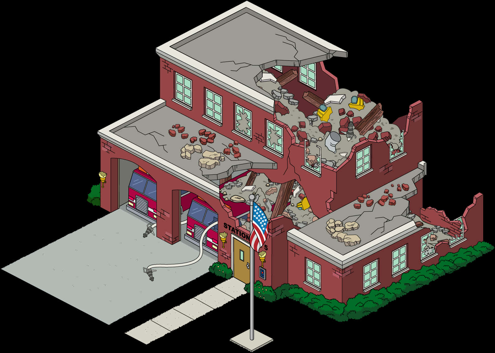 Damaged Fire Station Illustration PNG Image