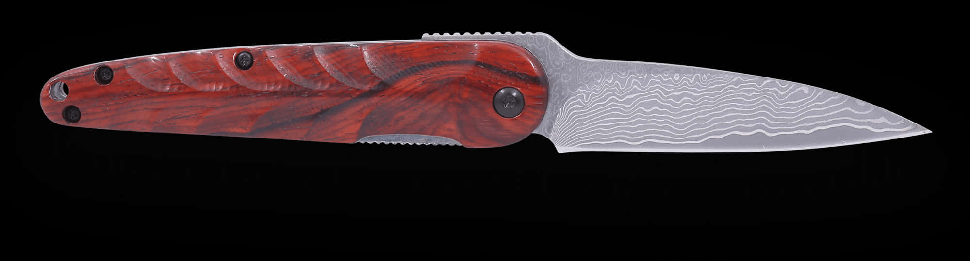 Damascus Steel Pocket Knifewith Red Handle PNG Image