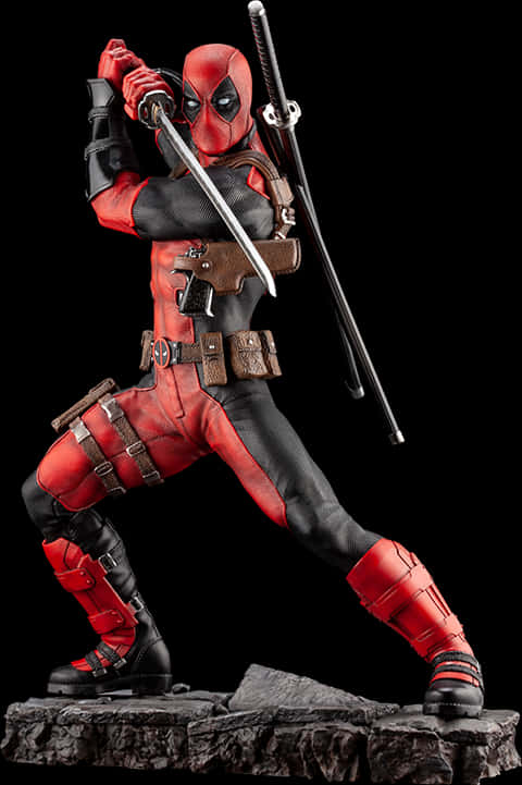 Deadpool Action Figure Posing With Swords PNG Image